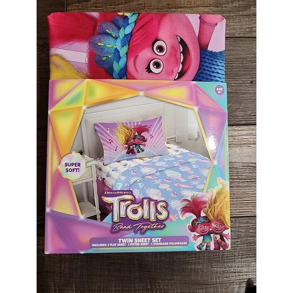 Trolls - Twin 3 Piece Sheet Set- Band Together in Harmony - Picture 1 of 3